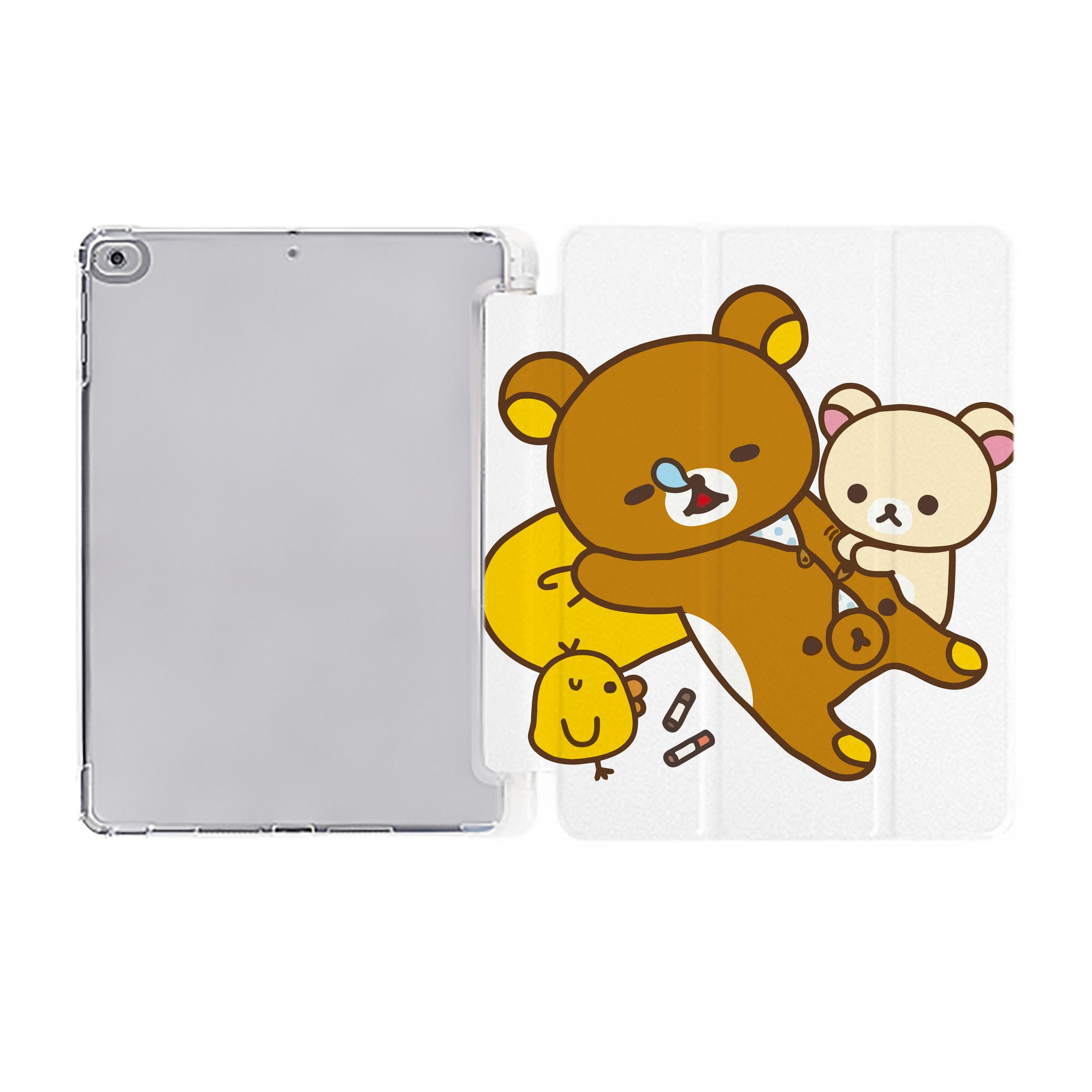 （画像用） リラックマ リラックマ キイロイトリ Rilakkuma Korilakkuma Kiiroitori IPad ケース ペン収納付き 三つ折りスタンド PUレザー×シリコン 対応機種9.5/10.5/10.9インチ